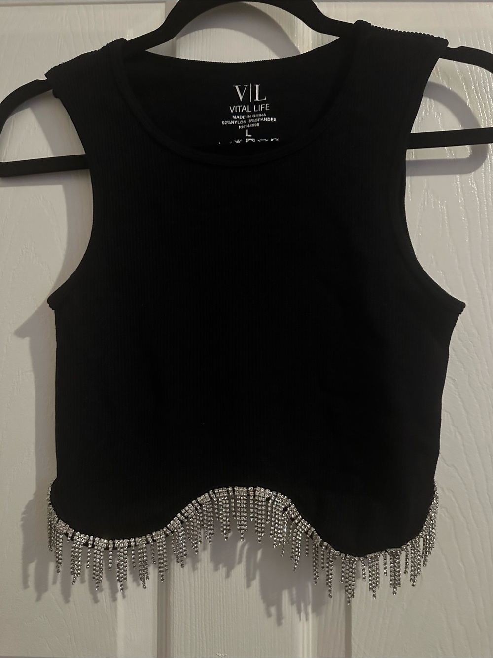 Ribbed Crop Top with Silver Rhinestone Fringe Hem